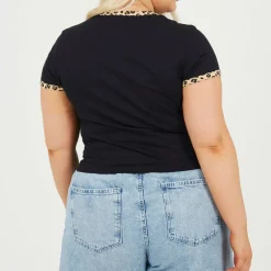 Plus Size Short Sleeve T-shit with Leopard Print Neck and Sleeve Rib