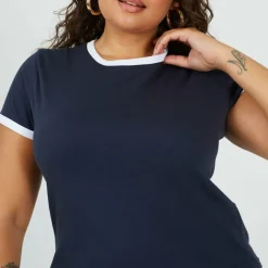 Plus Size Short Sleeve T-shit with Contrast Neck and Sleeve Rib