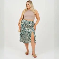 Plus Size Swirl Print Skirt with Side Split & Button Detail