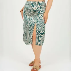 Plus Size Swirl Print Skirt with Side Split & Button Detail