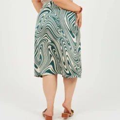 Plus Size Swirl Print Skirt with Side Split & Button Detail