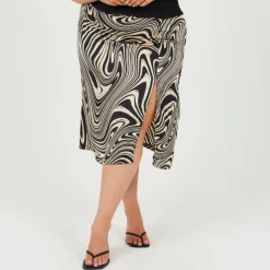 Plus Size Swirl Print Skirt with Side Split & Button Detail