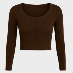 Rib Button Front Long Sleeve Top
