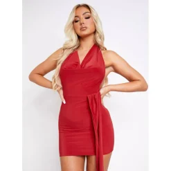 Ruched Bum Cowl Neck Slinky Dress With Drape Detail