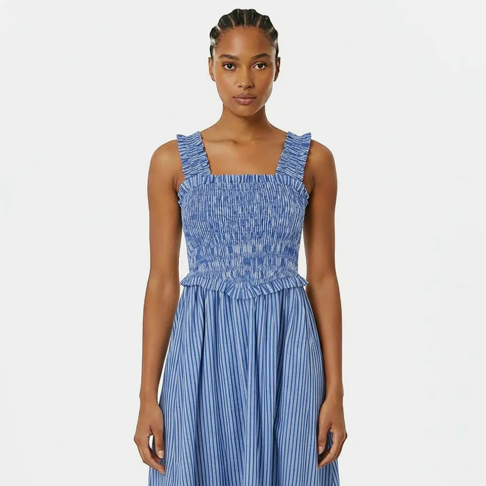 Shirred Striped Maxi Dress