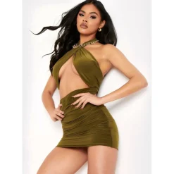 Slinky Side Wrap Cut Out Ruched Halterneck Mini Dress