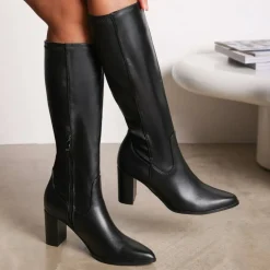 Wheres Block Heel Knee High Boots with Stitch Detail