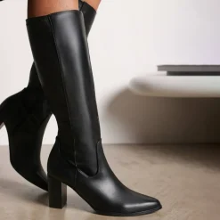 Wheres Block Heel Knee High Boots with Stitch Detail