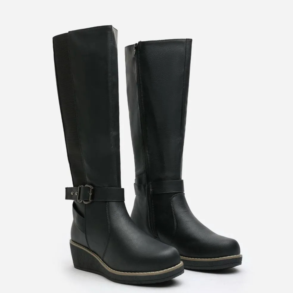 Wheres Knee High Wedge Boots With Strap And Buckle