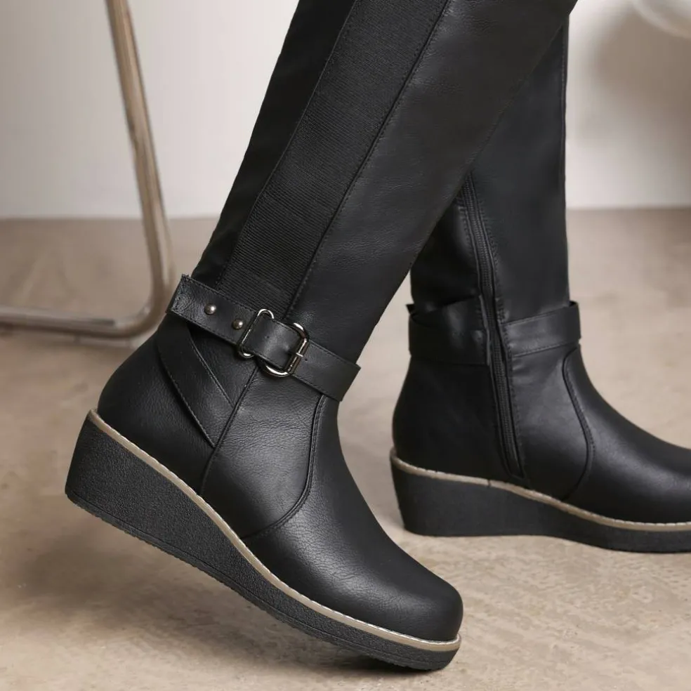 Wheres Knee High Wedge Boots With Strap And Buckle