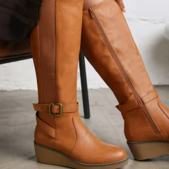 Wheres Knee High Wedge Boots With Strap And Buckle