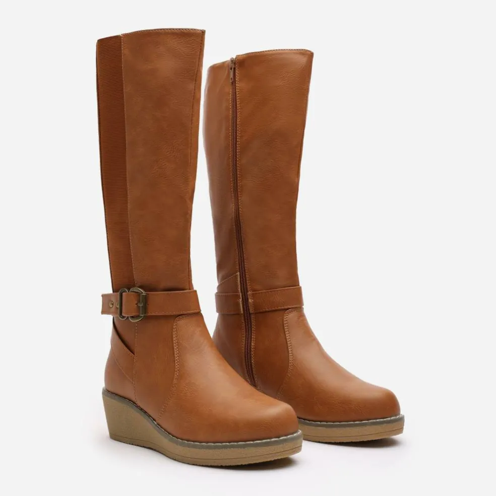 Wheres Knee High Wedge Boots With Strap And Buckle