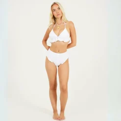 White Halter Neck Triangle Bikini Top with Frill