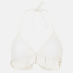 White Halter Neck Triangle Bikini Top with Frill