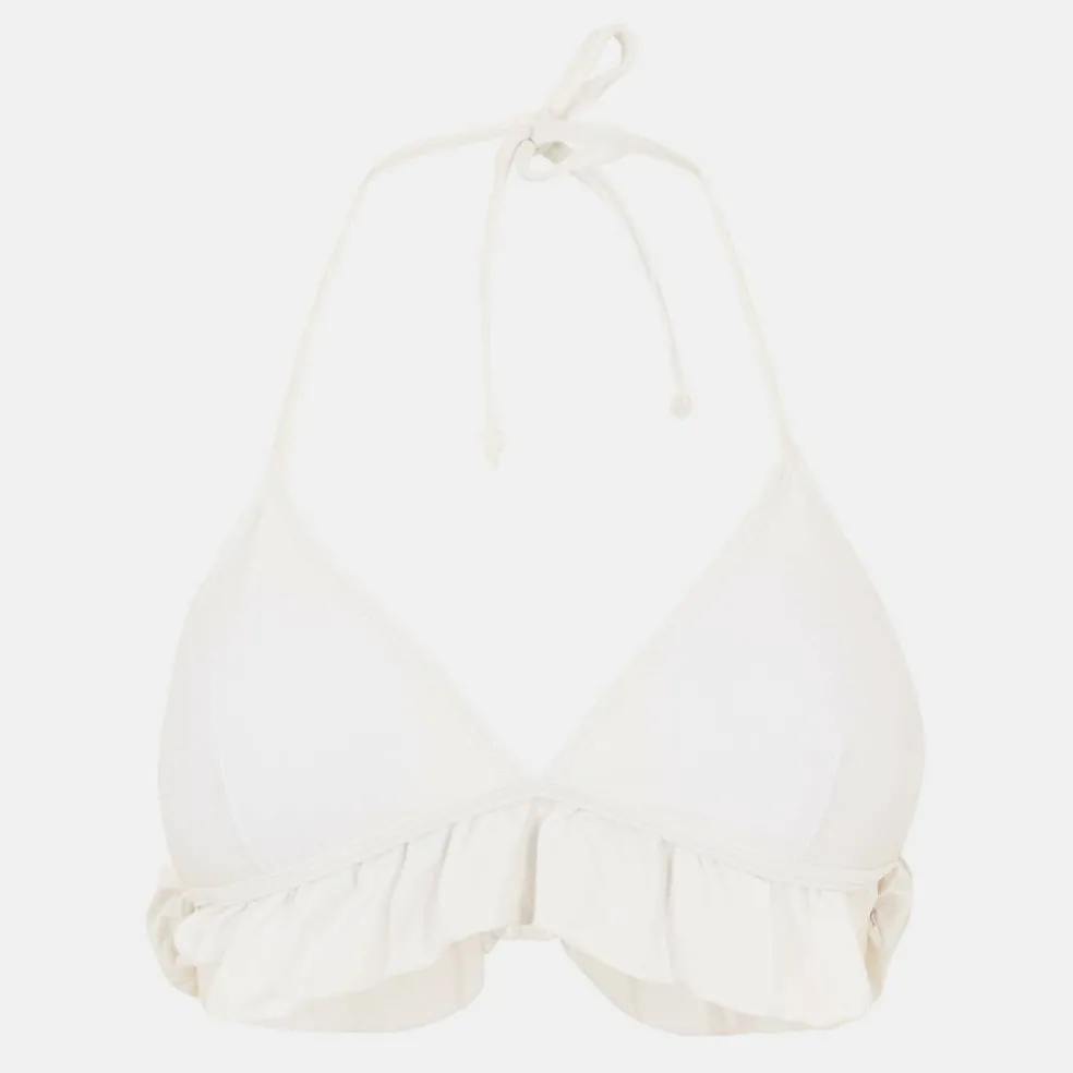 White Halter Neck Triangle Bikini Top with Frill