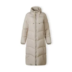 Women long quilted winter jacket with contrast zip and drawstring hood grey
