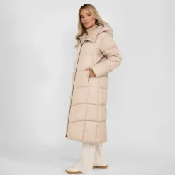 Women long quilted winter jacket with contrast zip and drawstring hood grey