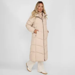 Women long quilted winter jacket with contrast zip and drawstring hood grey