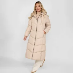 Women long quilted winter jacket with contrast zip and drawstring hood grey