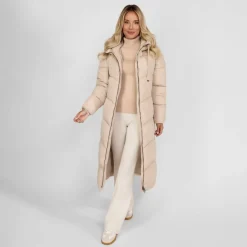 Women long quilted winter jacket with contrast zip and drawstring hood grey
