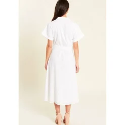 Women's Broderie Tie Waist Midi Shirt Dress