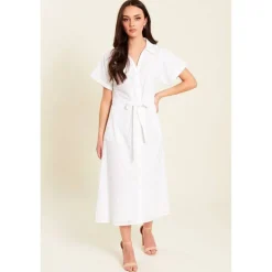 Women's Broderie Tie Waist Midi Shirt Dress