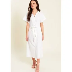 Women's Broderie Tie Waist Midi Shirt Dress