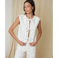 Womens Floral Tie Front Denim Gilet