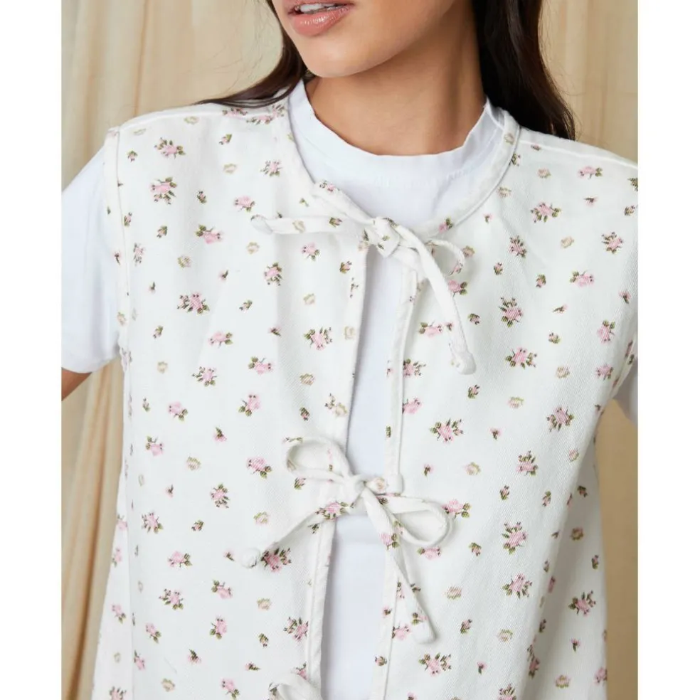 Womens Floral Tie Front Denim Gilet