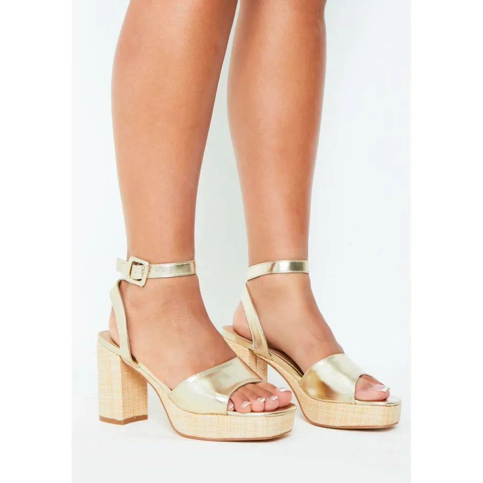 Women's Gold Strap Block Platform Heeled Sandals