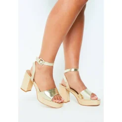 Women's Gold Strap Block Platform Heeled Sandals
