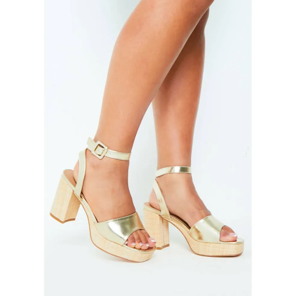 Women's Gold Strap Block Platform Heeled Sandals