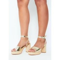 Women's Gold Strap Block Platform Heeled Sandals