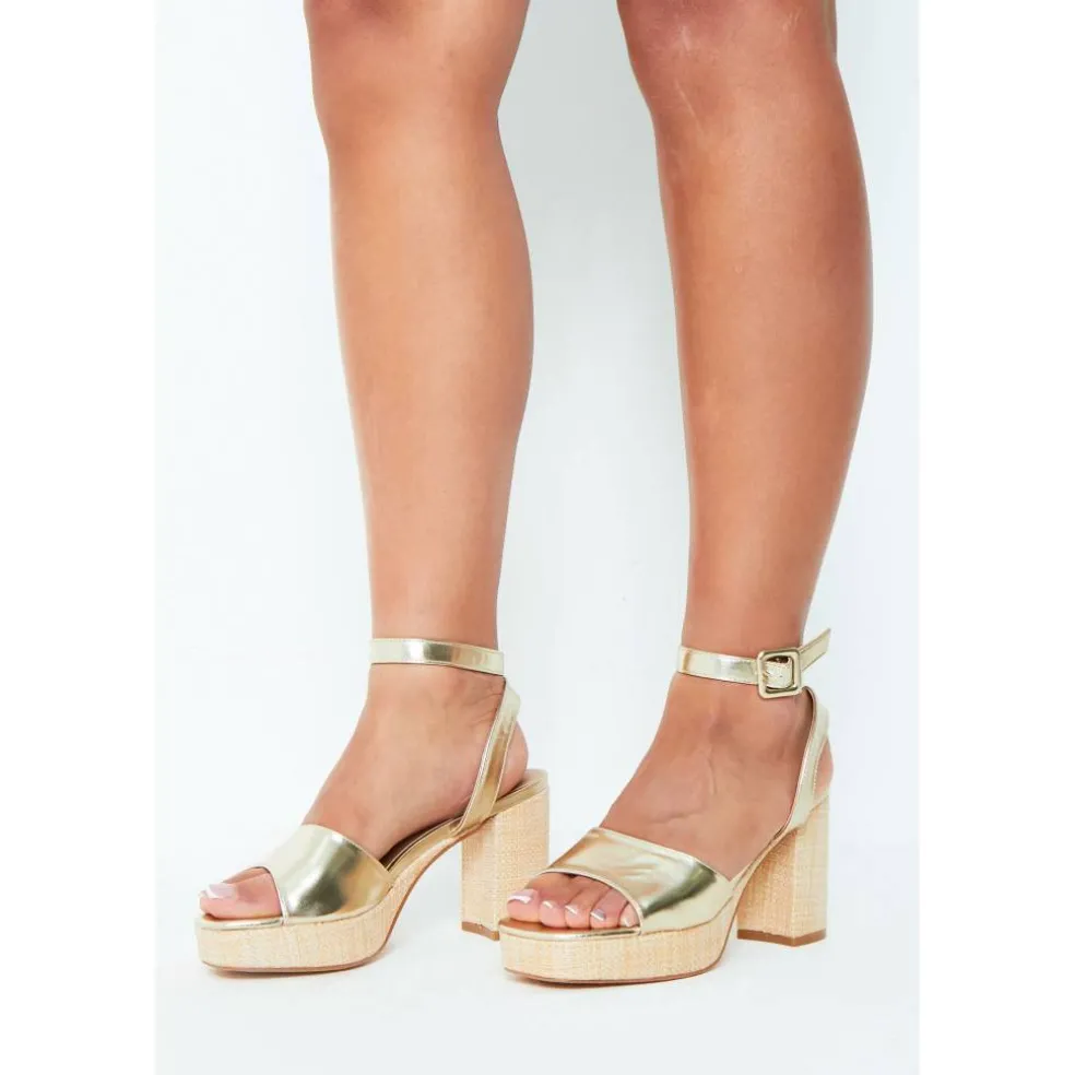 Women's Gold Strap Block Platform Heeled Sandals