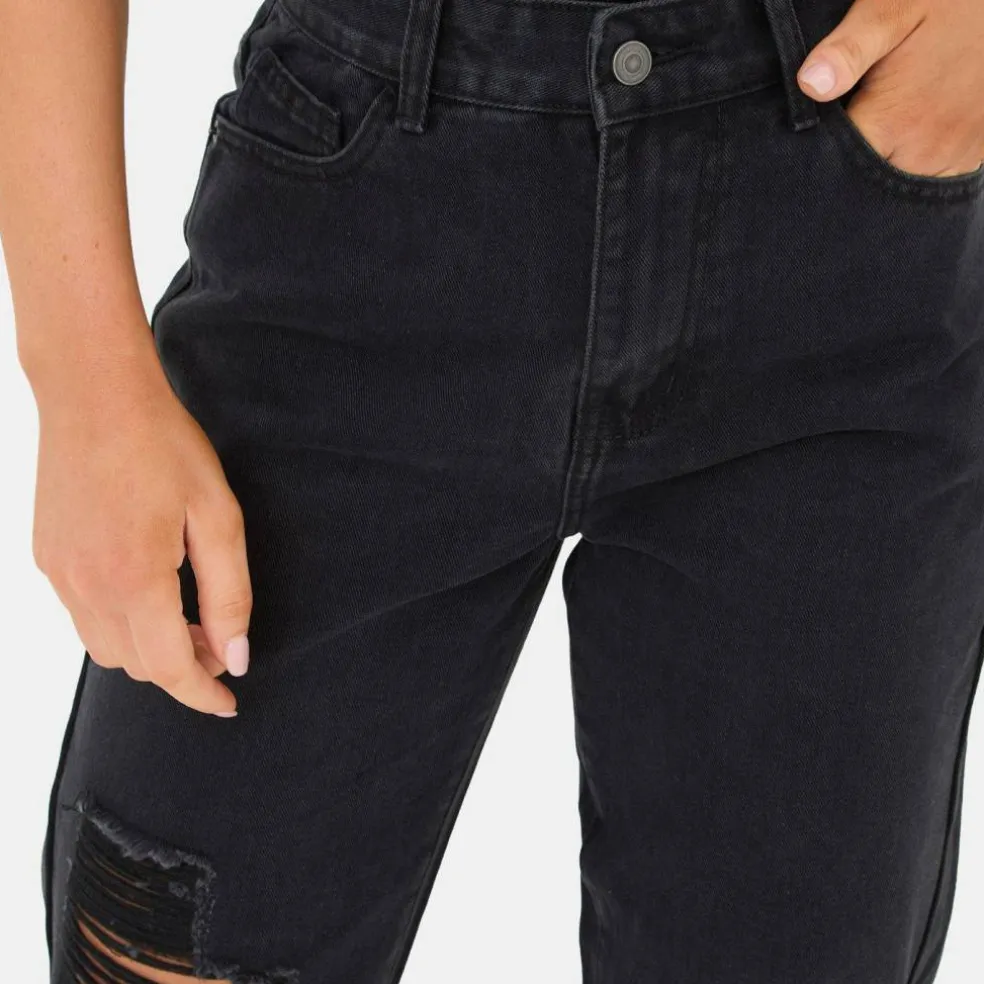 Womens High Waisted Distressed Cotton Straight Leg Jeans