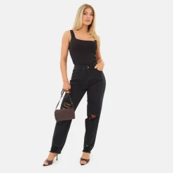 Womens High Waisted Distressed Cotton Straight Leg Jeans