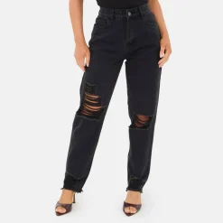Womens High Waisted Distressed Cotton Straight Leg Jeans