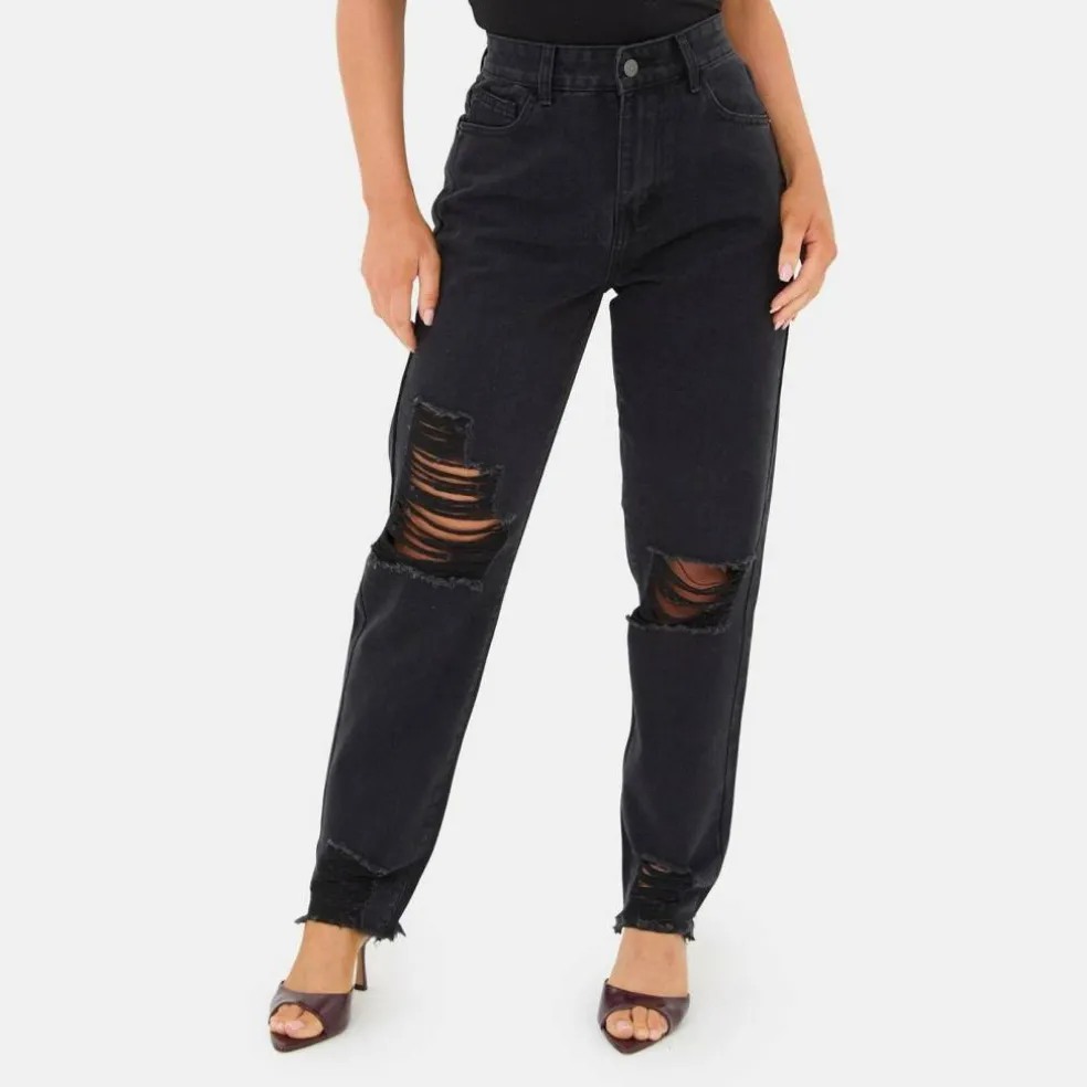 Womens High Waisted Distressed Cotton Straight Leg Jeans