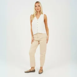 Womens Mom Jeans with Raw Hem Sand