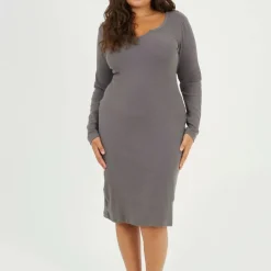 Womens Plus Size Long Sleeve Midi Dress with Notch Neck Detail