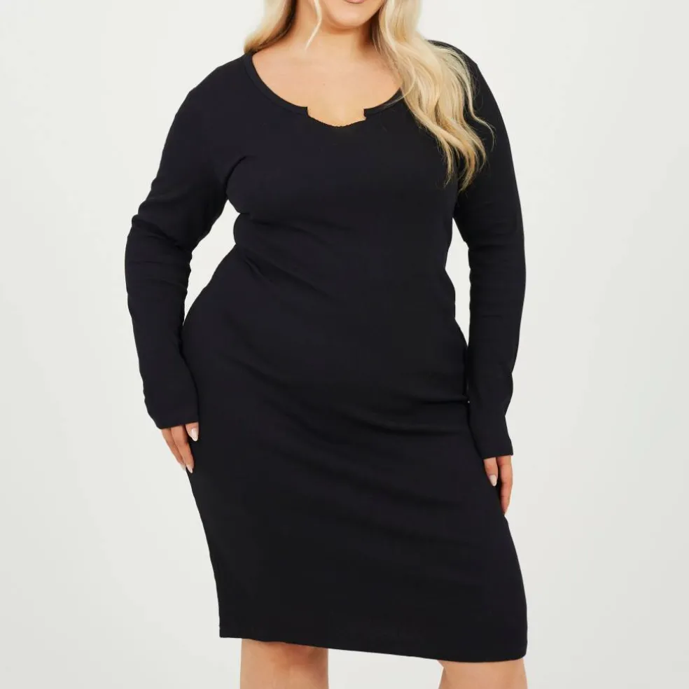 Womens Plus Size Long Sleeve Midi Dress with Notch Neck Detail