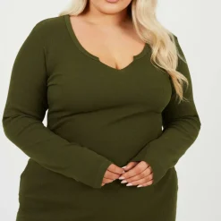 Womens Plus Size Long Sleeve Midi Dress with Notch Neck Detail