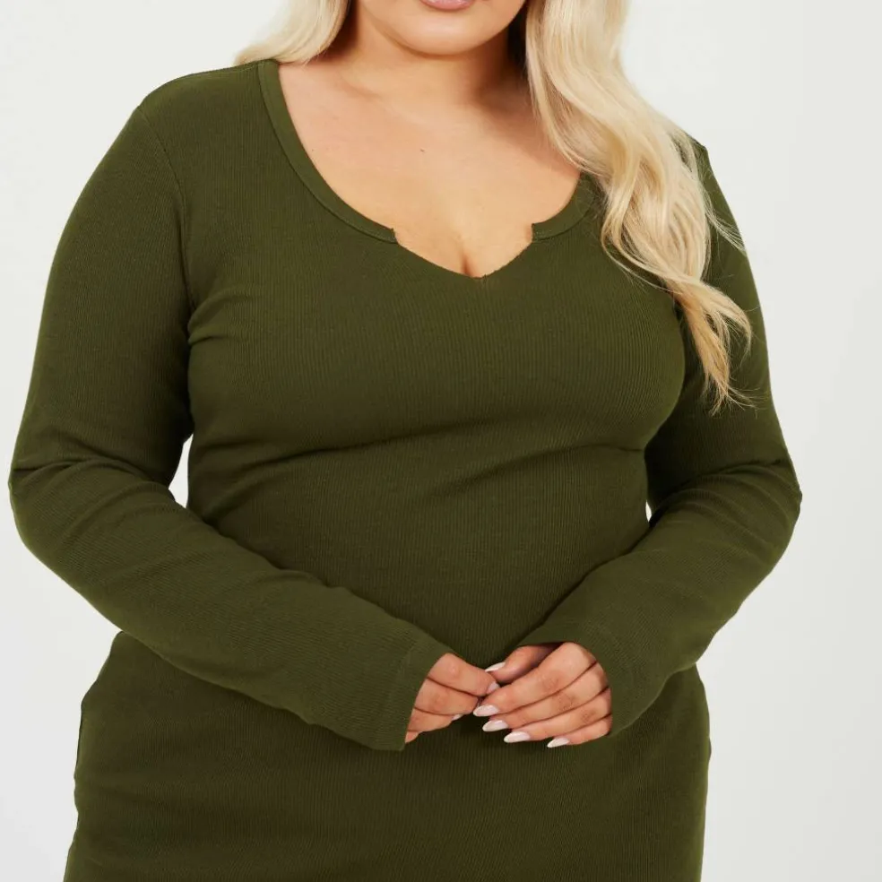 Womens Plus Size Long Sleeve Midi Dress with Notch Neck Detail