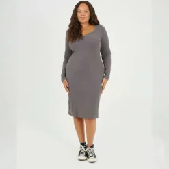 Womens Plus Size Long Sleeve Midi Dress with Notch Neck Detail