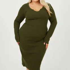 Womens Plus Size Long Sleeve Midi Dress with Notch Neck Detail