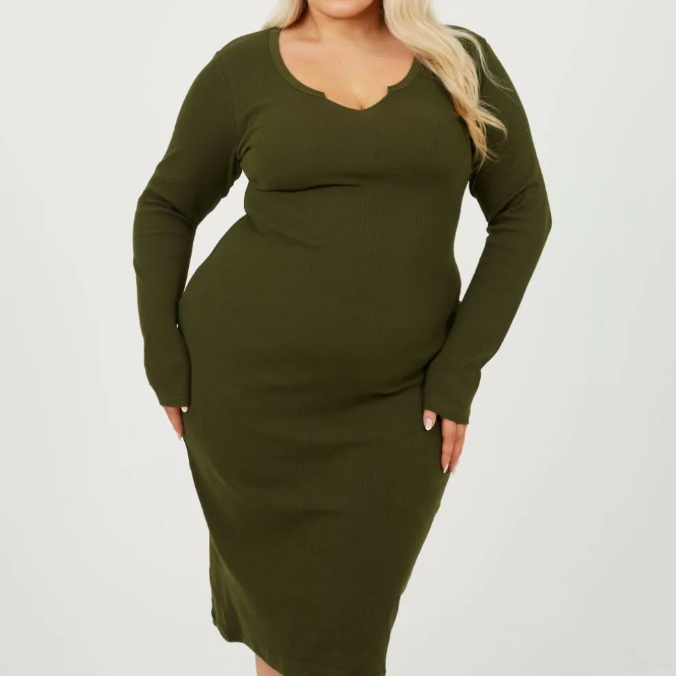 Womens Plus Size Long Sleeve Midi Dress with Notch Neck Detail