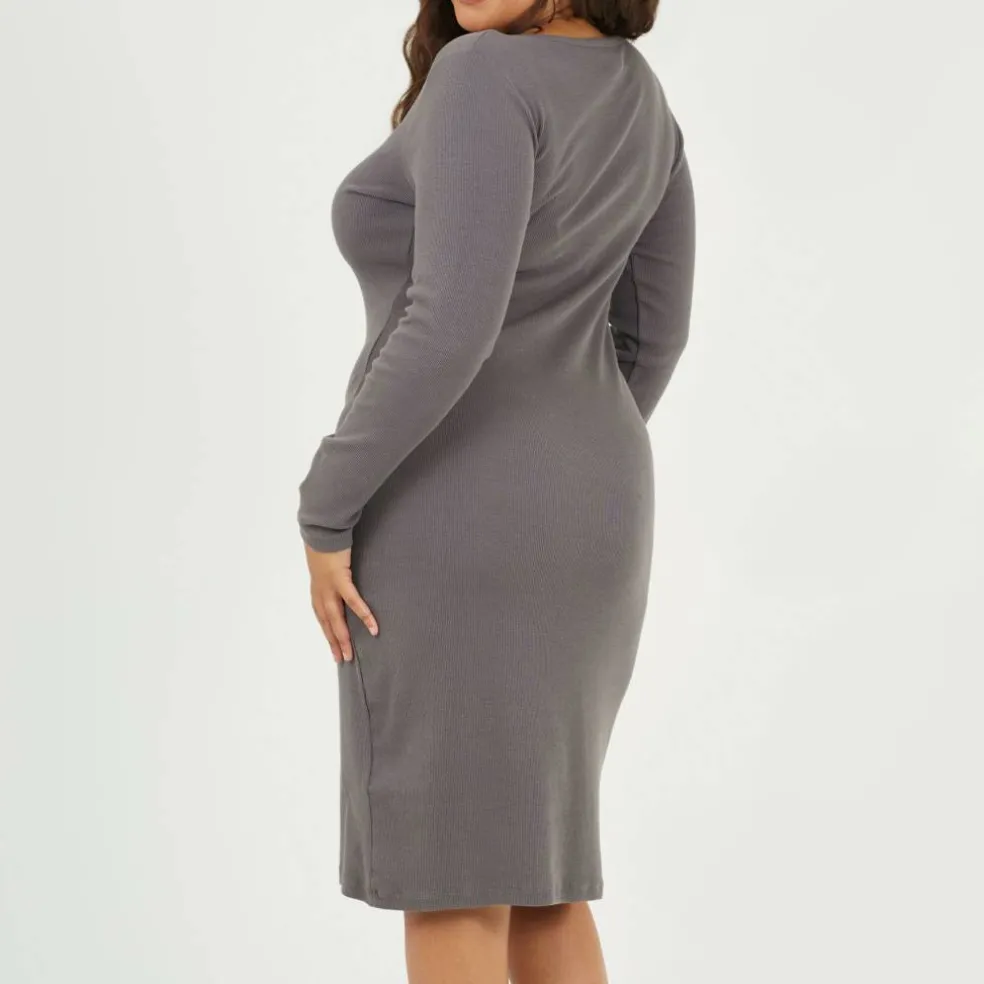Womens Plus Size Long Sleeve Midi Dress with Notch Neck Detail