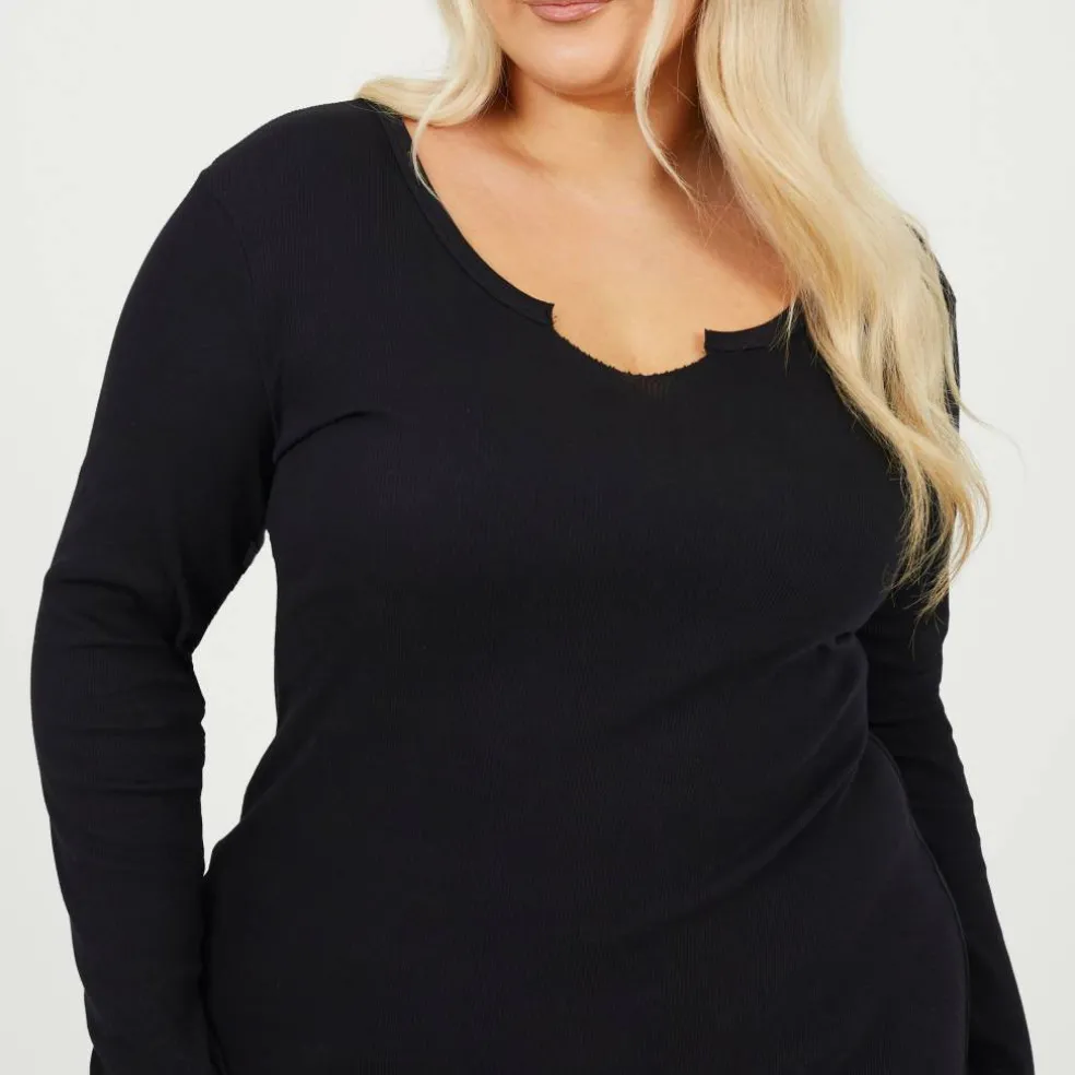 Womens Plus Size Long Sleeve Midi Dress with Notch Neck Detail