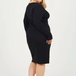 Womens Plus Size Long Sleeve Midi Dress with Notch Neck Detail