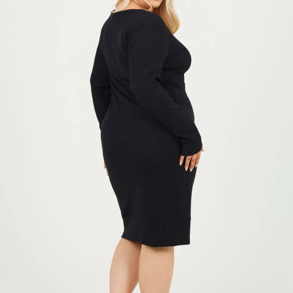 Womens Plus Size Long Sleeve Midi Dress with Notch Neck Detail